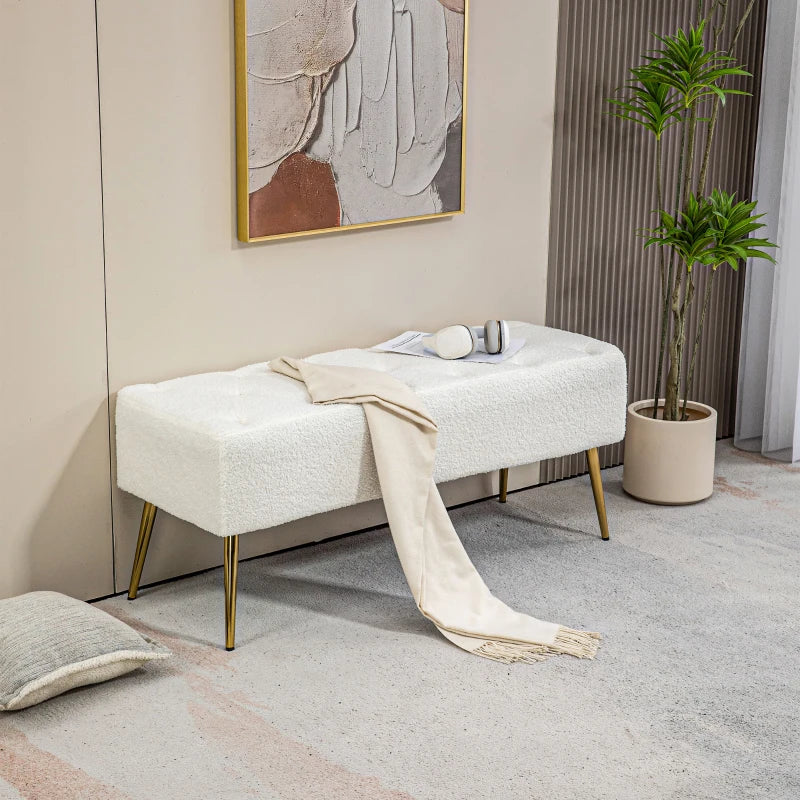 44" Lamb's Wool-Feel Upholstered Bedroom Bench, End of Bed Bench with Thick Padded Cushion and Steel Legs, Cream White