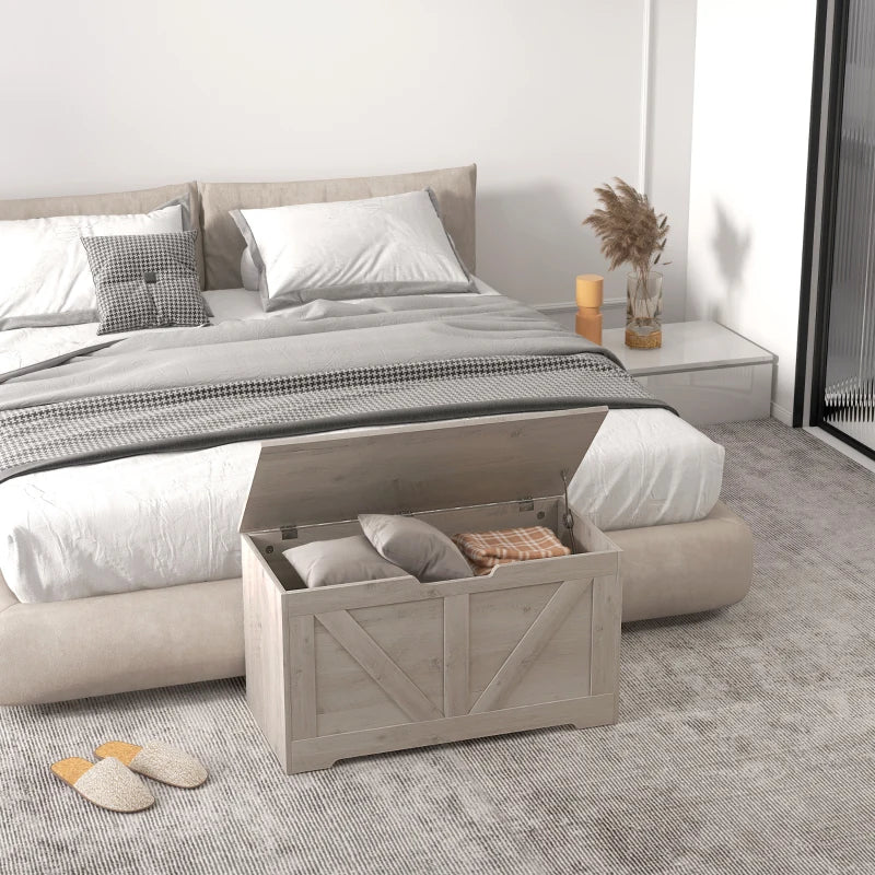 31.5 Inches Storage Chest, Storage Trunk with 2 Safety Hinges for Living Room, Grey Wood Grain