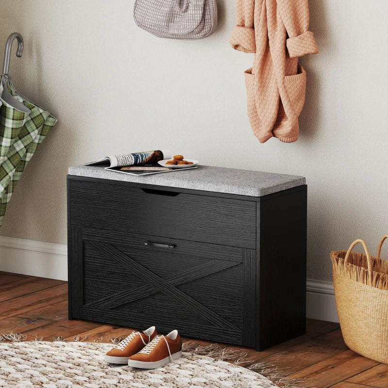 Shoe Storage Bench with Flip Drawer and Lift Top Storage, Entryway Bench with Seat Cushion for Hallway, Black