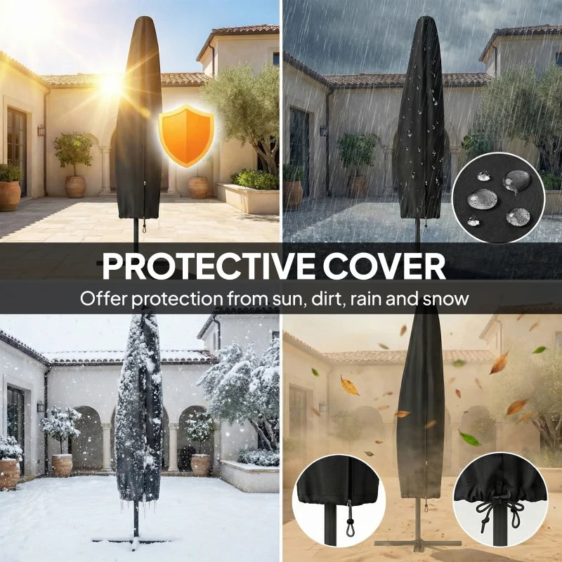 10 ft Offset Patio Umbrella with Solar Light, Garden Hanging Parasol with 360° Rotation, Tilt, Cover, Black