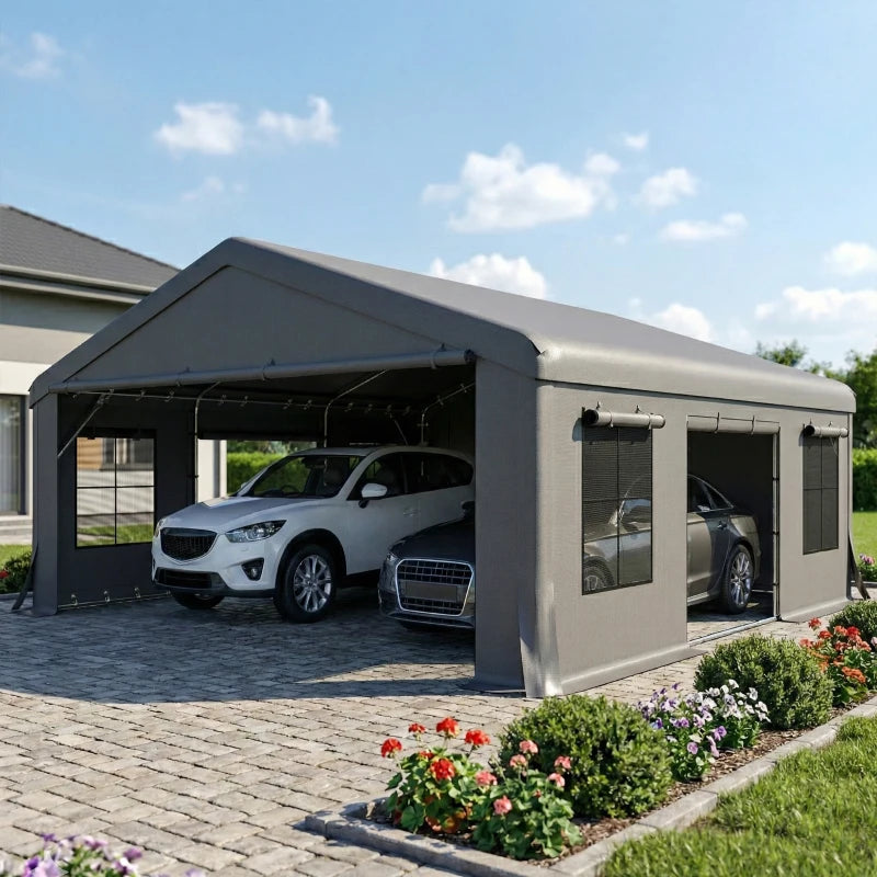 20' x 20' Heavy Duty Carport, Portable Garage Car Canopy Tent Shelter with 3 Roll-up Doors, 4 Windows, Dark Grey