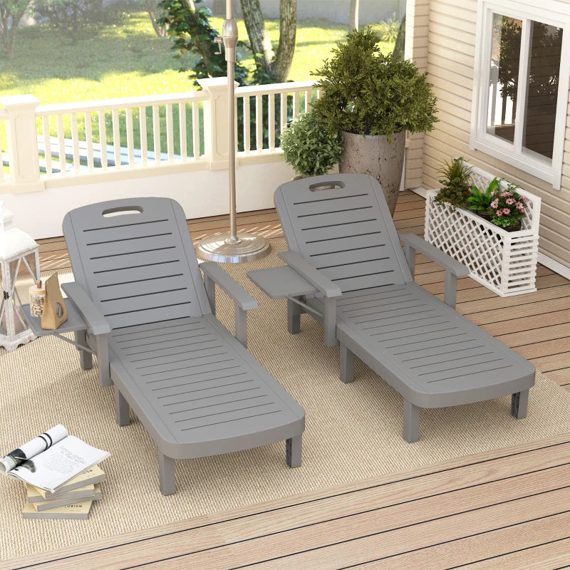 Set of 2 Tanning Chair, 5 Positions Adjustable Outdoor Lounge Chairs with Foldable Side Table, Dark Grey