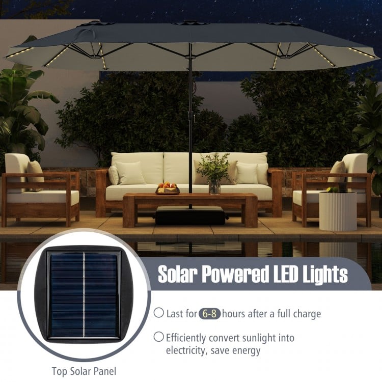 15.5 FT Extra-Large Patio Umbrella with LED Solar Lights and Crank Handle-Gray