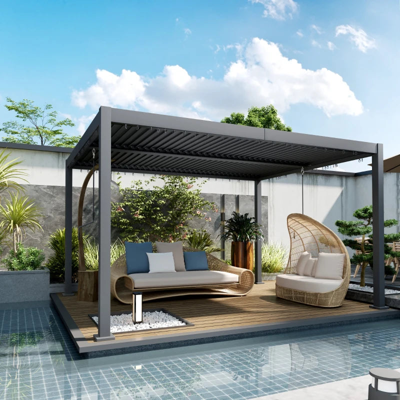 10' x 13' Louvered Pergola with Adjustable Metal Roof and Aluminum Frame, Outdoor Hardtop Gazebo with Drainage System