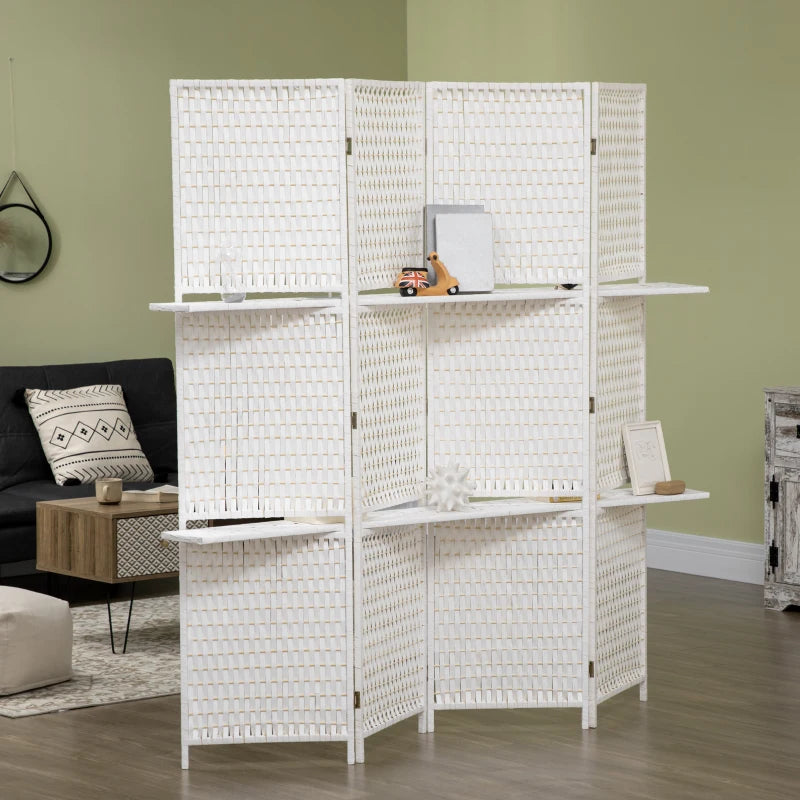 4 Panel Room Divider with Shelves, 6 FT Freestanding Folding Privacy Screen, Partition Wall Divider for Bedroom, White