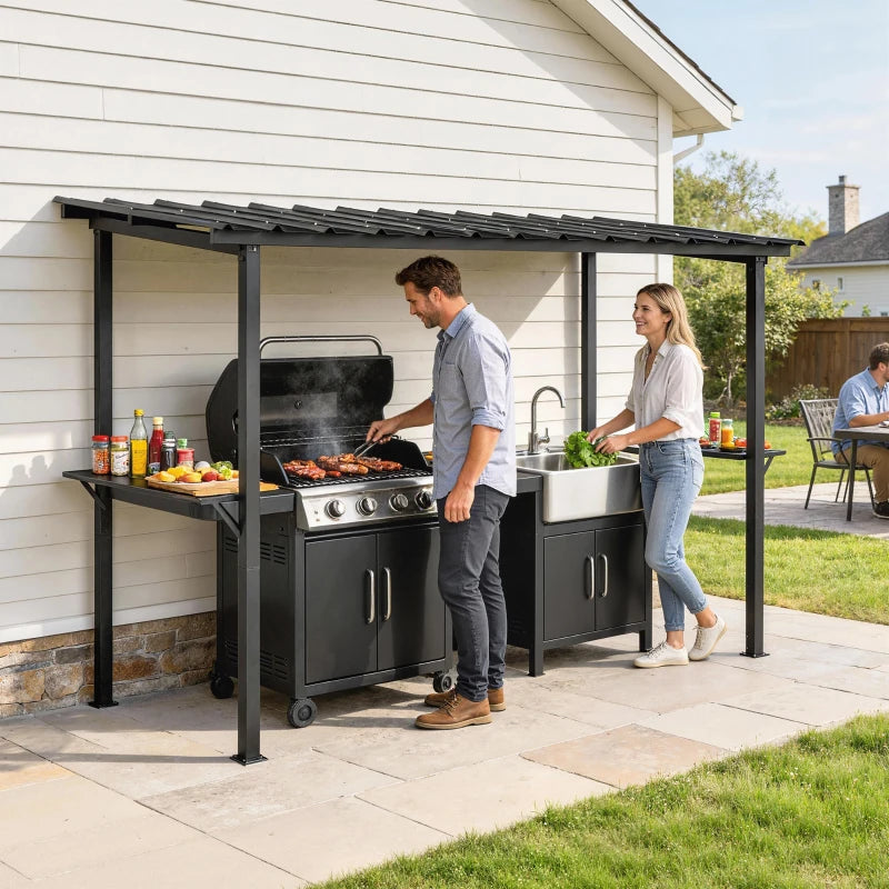 12' x 6' Hardtop Grill Gazebo, BBQ Gazebo with 2 Side Shelves and Galvanized Metal Slope Roof, Black