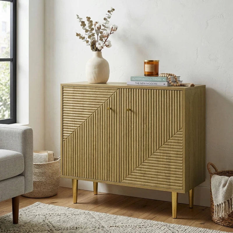 Sideboard with Adjustable Shelf, Buffet Cabinet with 2 Doors and Gold Steel Legs for Dining Room, Oak