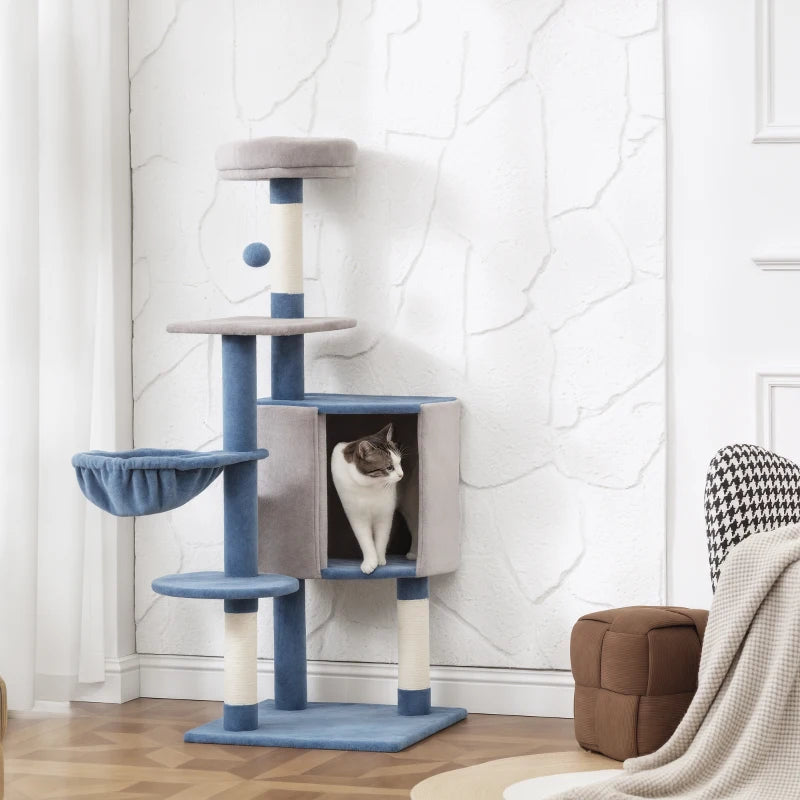 48" Modern Cat Tree with Condo, Hammock, Perch, Sisal Scratching Posts, Toy Ball, for Indoor Cats, Blue and Grey