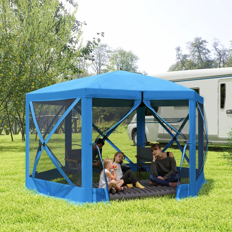 12' x 12' Hexagon Automatic Pop Up Screen Tents, Camping Shelter w/ Mesh Sidewalls and Carry Bag Blue