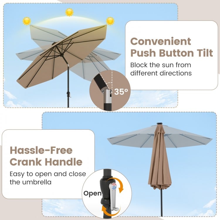 10 Feet Solar Patio Umbrella with 96 Multi-Colored Flowing LED Lights and Tilt Adjustment-Beige