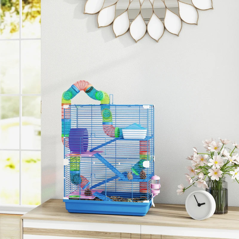 5 Tiers Hamster Cage Portable with Exercise Wheels Play Tube Water Bottle Dishes House Ladder for Gerbils, Dark Blue