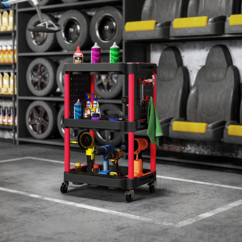3-Tier Rolling Tool Cart with Wheels, 200 LBS Capacity Plastic Utility Cart for Garage, Warehouse, Workshop, Black & Red