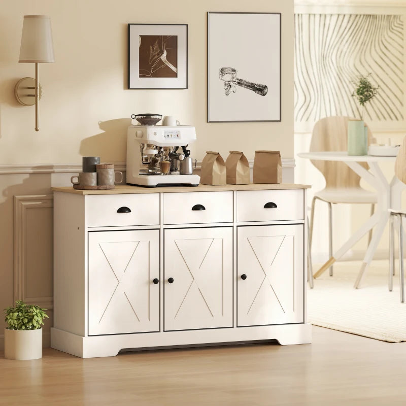 46.5" Buffet Cabinet, Farmhouse Sideboard with 3 Barn Doors and 3 Drawers for Living Room, Kitchen, White