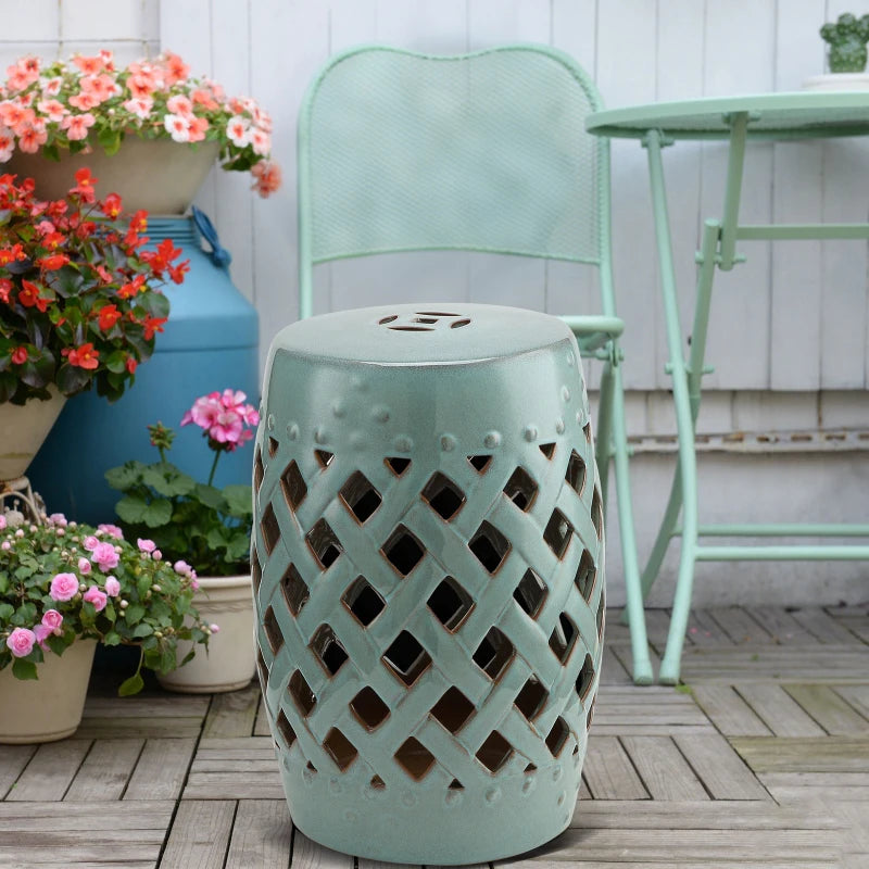 18" Ceramic Garden Stool with Woven Lattice Design, Indoor & Outdoor Decorative Accent Stool, Blue