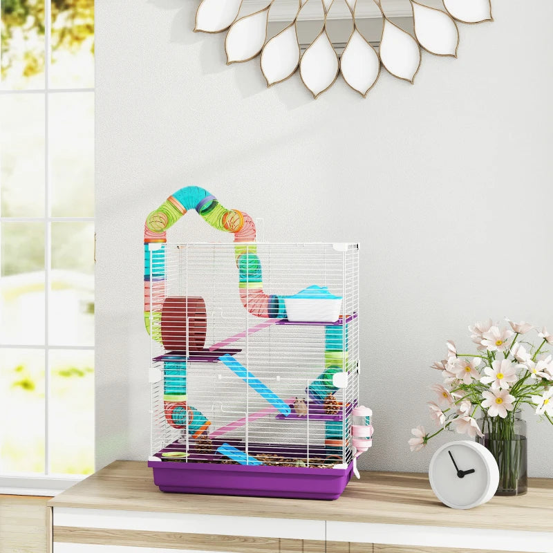 5 Tiers Hamster Cage Portable with Exercise Wheels Play Tube Water Bottle Dishes House Ladder for Gerbils, Purple