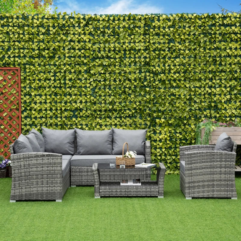 5 Pieces Wicker Patio Furniture Set with 4" Thick Cushions, Outdoor PE Rattan Garden Conversation Sectional Sofa Set with Glass Top Two-tier Coffee Table, Grey