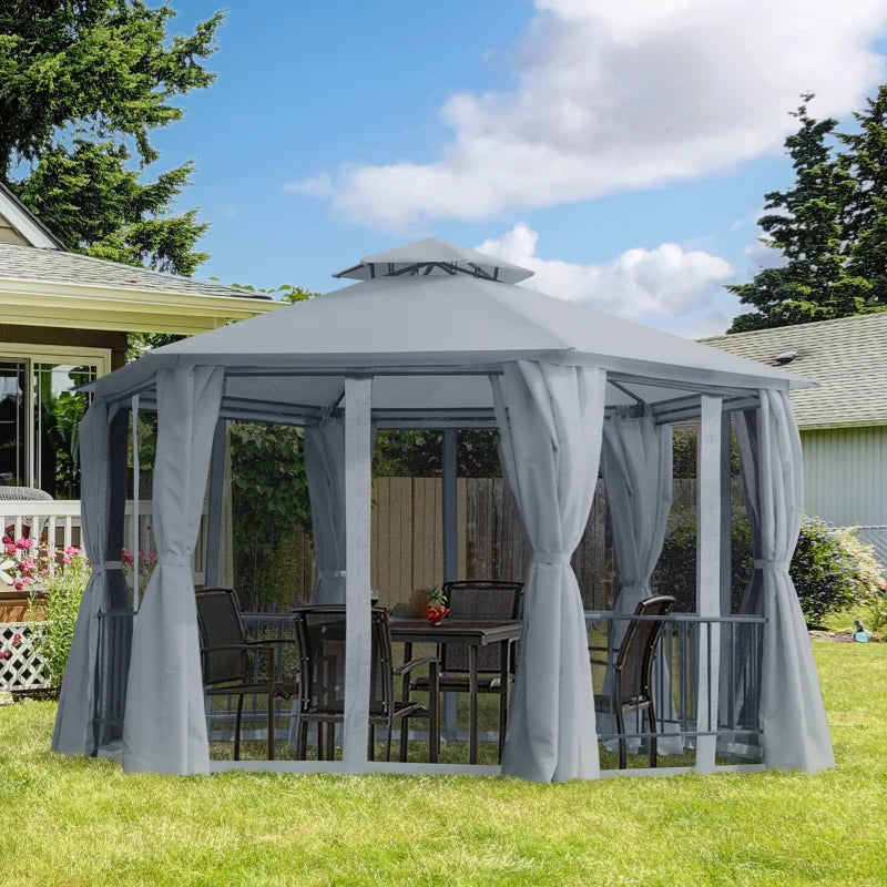 13ft Hexagon Gazebo Outdoor Canopy Shelter with Netting and Shaded Curtains Grey