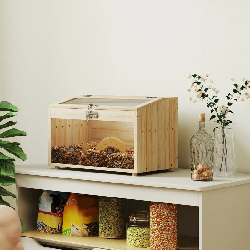 22"L Hamster Cage with Openable Top & Acrylic Windows, Small Animal Cage with Hut, Seesaw, Ladder, Natural Wood
