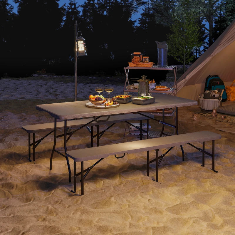 6FT 3PCS Faux Rattan Outdoor Camping Table Bench Set with Carrying Handles, Folding Picnic Table with 2 Benches, Brown