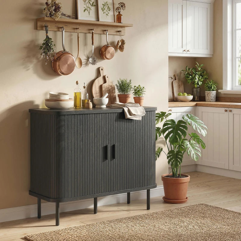35.4" Sideboard Buffet Cabinet with Storage, Nordic Coffee Bar Cabinet with Slatted Tambour Doors and Metal Legs, Black