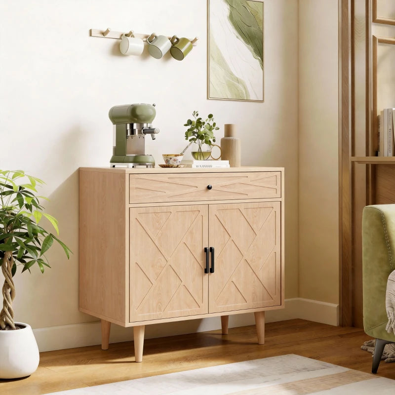 30" Sideboard with Patterned Doors, Buffet Cabinet with Drawer and Cabinet for Dining Room, Oak