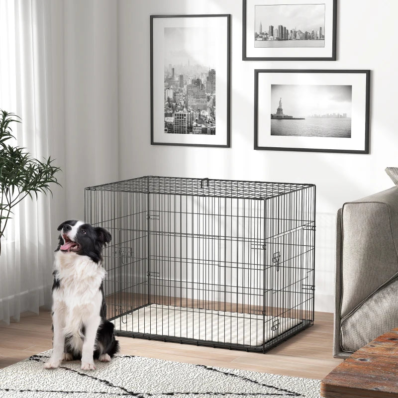 35" Dog Crate with 2 Doors, Folding Metal Dog Cage with Soft Cushion, Removable Tray, Handle, Black