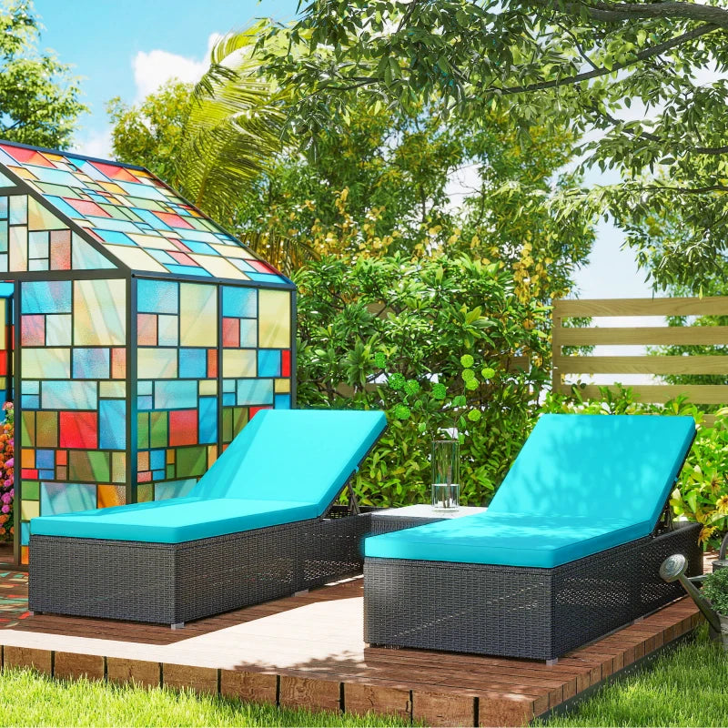 3pc Rattan Lounge Chair Set with Side Table Outdoor Patio Synthetic Rattan Wicker Sun Bed Set with Cushion