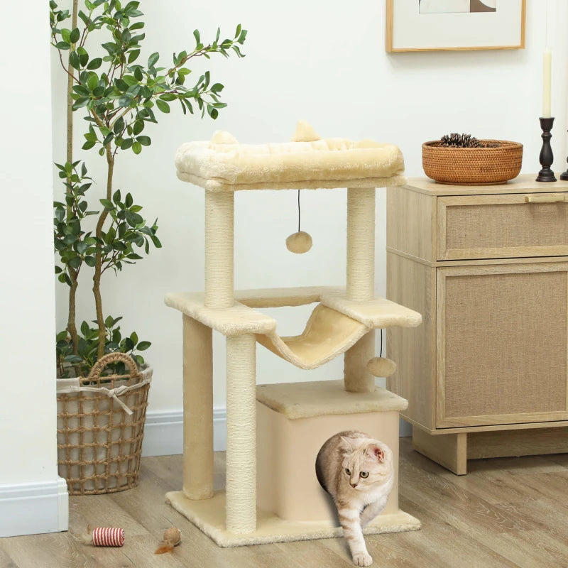 39.25'' Cat Tree Tower Multi-Level Kitten House with Scratching Post Condo Hammock Bed Ball Toy - Beige