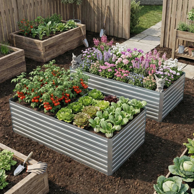 Set of 2 Galvanised Raised Garden Bed, 6 x 3 x 2 ft Metal Garden Bed with Safe Edging, Silver