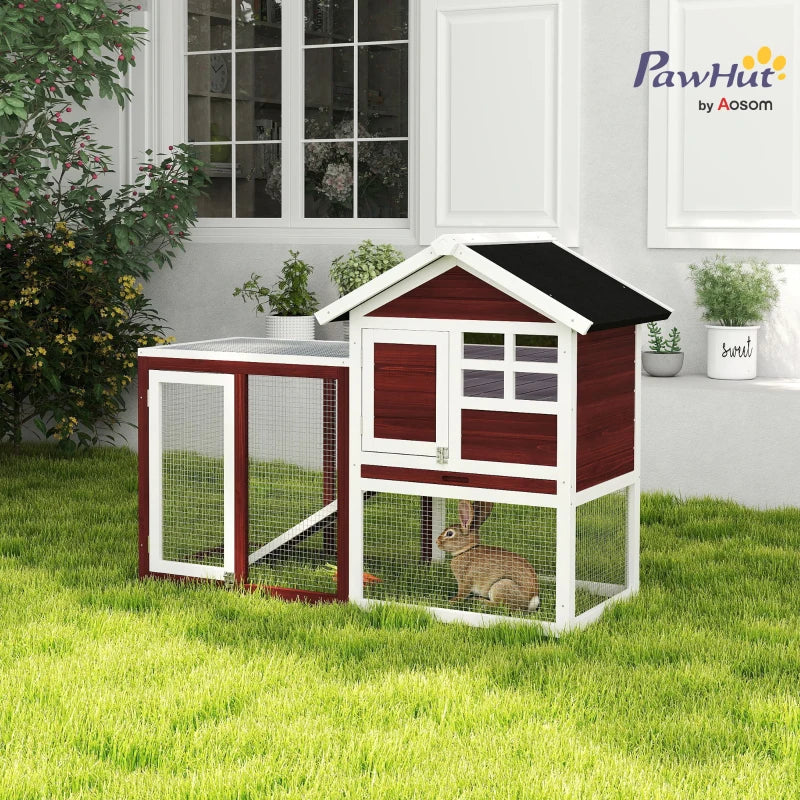 48" Weatherproof Wooden Rabbit Hutch Bunny Cage Small Animal House with Slant Roof And Screened Outdoor Run, Brown