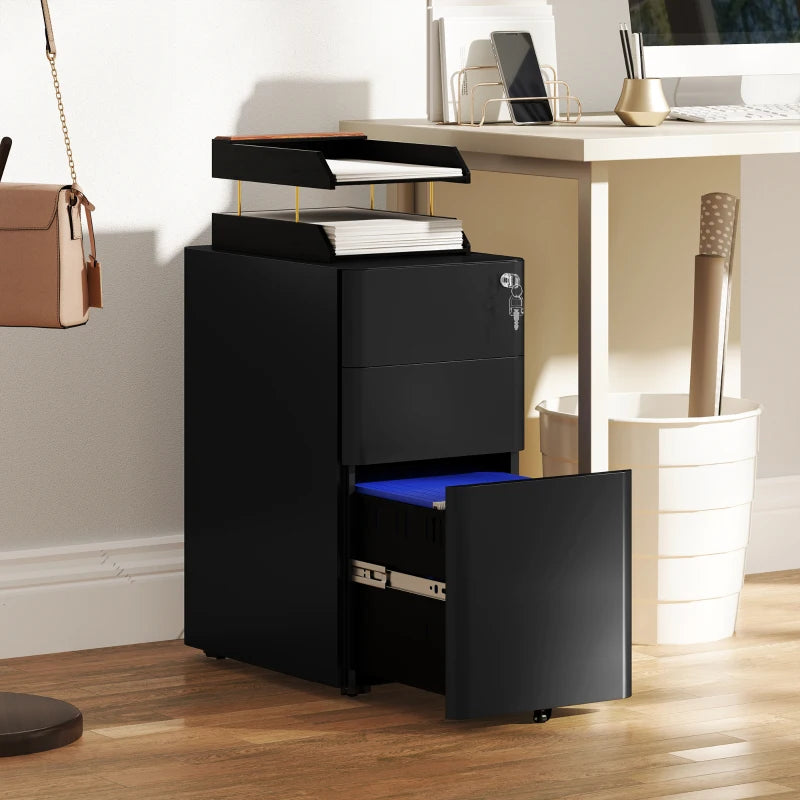 3 Drawer Filing Cabinet, Lockable Steel Office Storage Cabinet with Hanging Bar for Letter, A4, Legal Files, Black