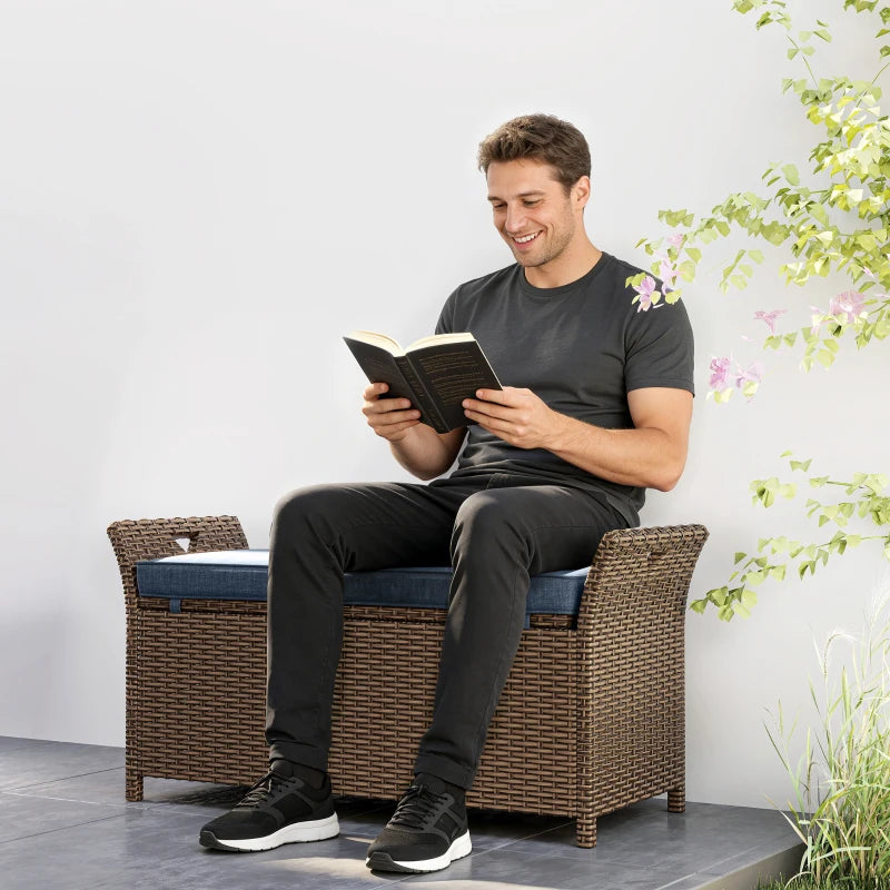 2-In-1 Outdoor Storage Bench, 29 Gallon Wicker Deck Box with Handles and Cushion, Navy Blue