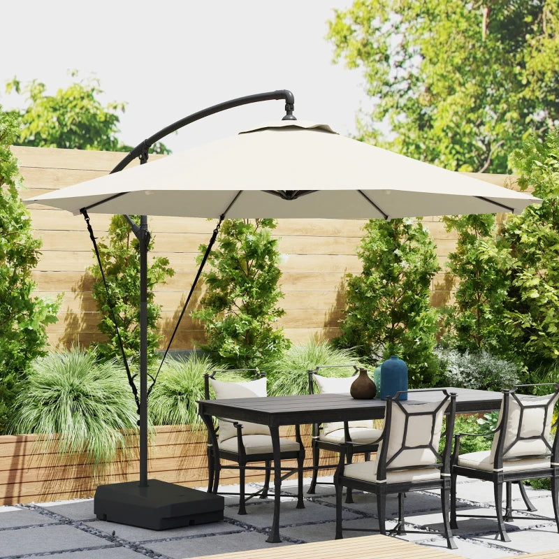 10FT Cantilever Umbrella with Fillable Base, Wind Strap and Cover, Offset Hanging Umbrella with Crank, Cream White