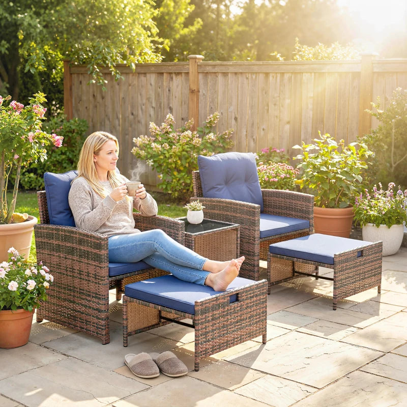 5 Piece Patio Furniture Set, Wicker Patio Chairs with Ottomans, 2-Tier Glass Coffee Table and Cushions, Brown/Dark Blue