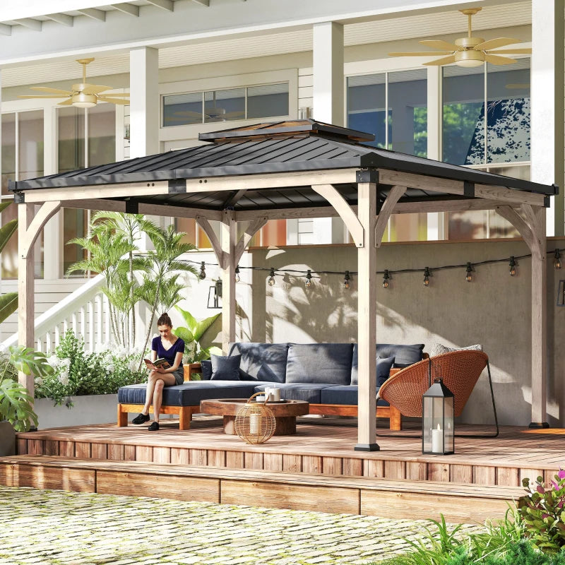 12' x 14' Hardtop Gazebo Canopy with Galvanized Steel Roof, Wood Frame, Double Roof Outdoor Gazebo, Light Walnut