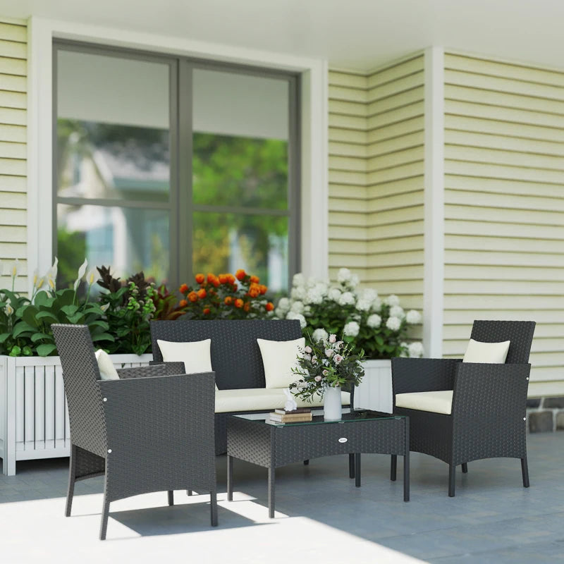 4-Piece Rattan Outdoor Furniture Set Patio Furniture Set with Coffee Table 22.8" W x 21.7" D x 33.5" H Black & Cream