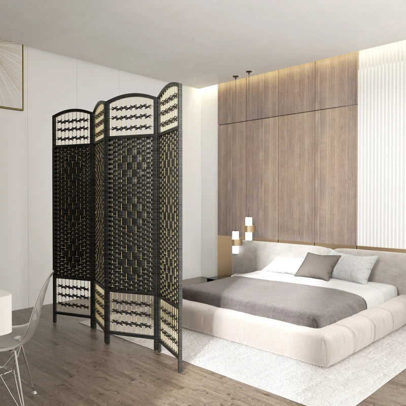 4 Panel Folding Room Divider, Portable Privacy Screen, Wave Fiber Room Partition for Home Office, Black