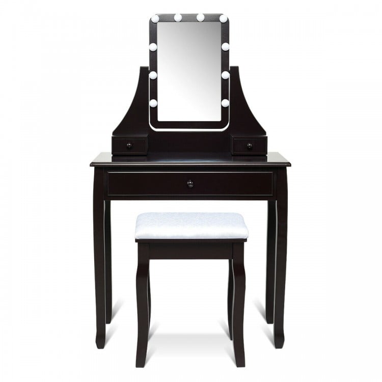 10 LED Lighted Mirror and 3 Drawers Vanity Table Set-Brown
