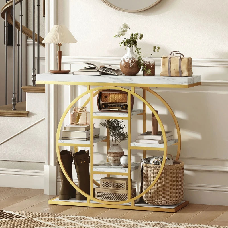39.4" Console Table with Storage Shelves, Industrial Sofa Table for Living Room, Hallway, White Marble Effect