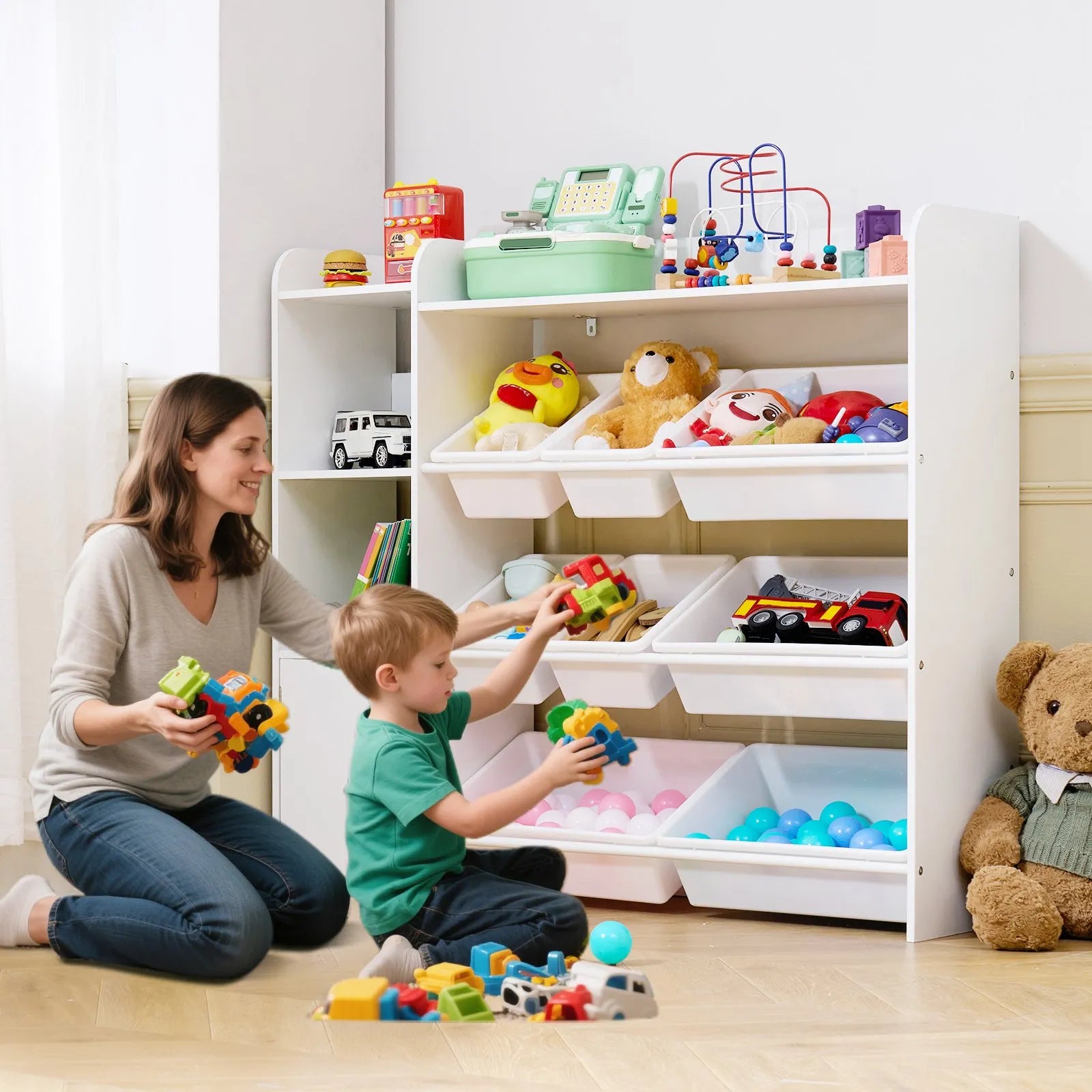 VEVOR 4-Tier Kids Toy Storage and Bookshelf with 8 Flexible Plastic Bins White