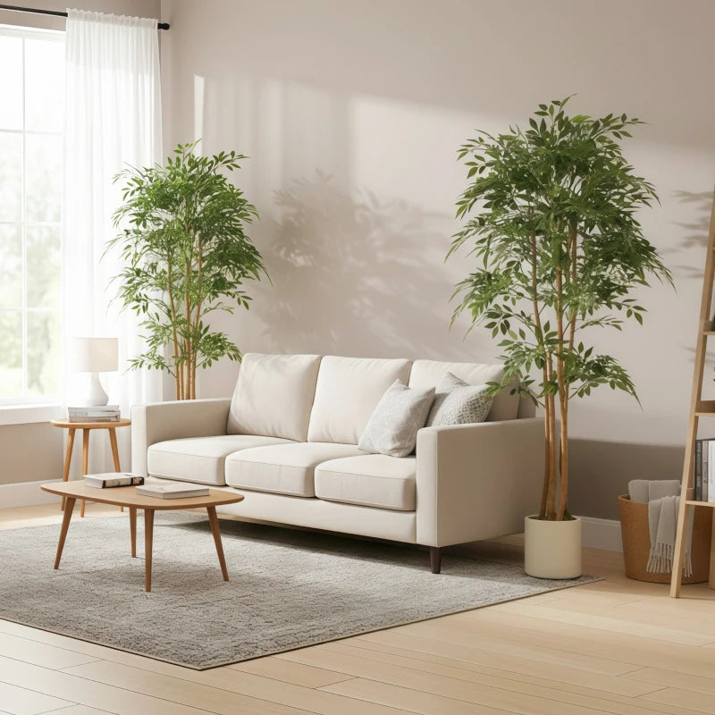 6FT Artificial Banyan Tree Set of 2, Fake Potted Tree with Solid Wood Trunk and Pot for Indoor