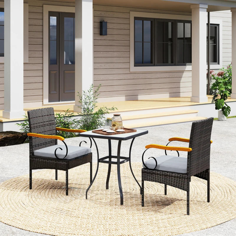 Set of 2 Rattan Outdoor Dining Chairs, Wicker Patio Chairs with Removable Cushion, Acacia Wood Armrests, Light Grey