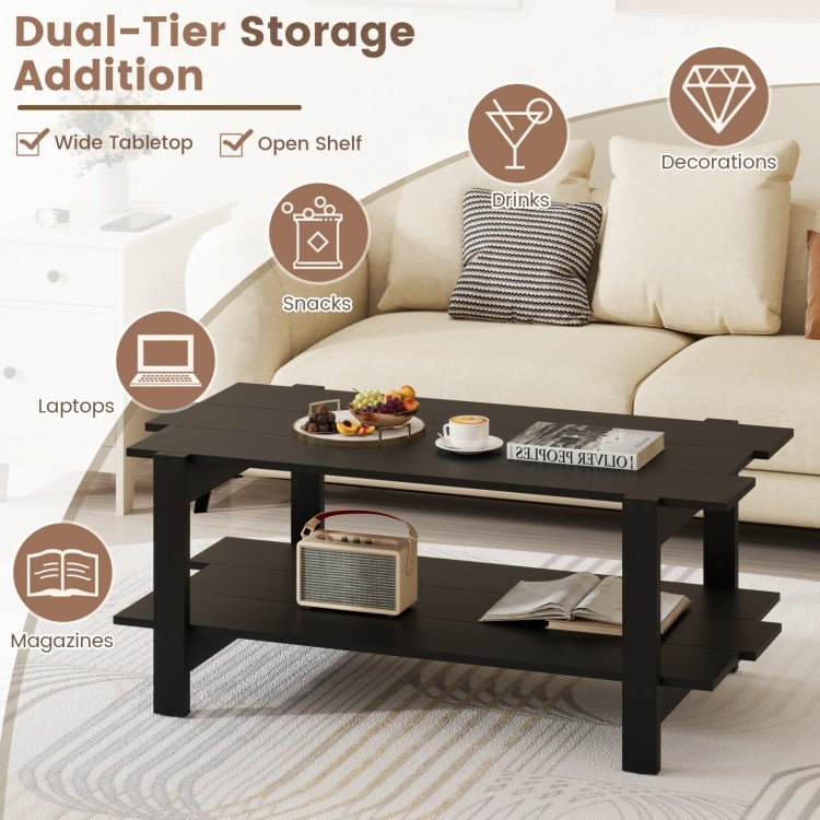 2-Tier Coffee Table Slatted Wood Center Table with Storage Shelf-Black