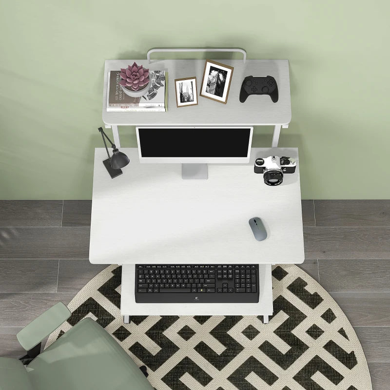 32" Mobile Computer Table, Rolling Study Desk for Home Office with Keyboard Tray, Storage Shelves, Wheels, White