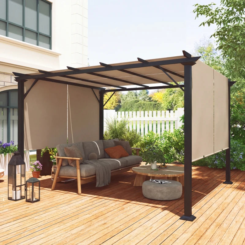 12' x 10' Outdoor Patio Gazebo Pergola with Retractable Canopy Roof, Steel Frame with Stakes, Light Brown
