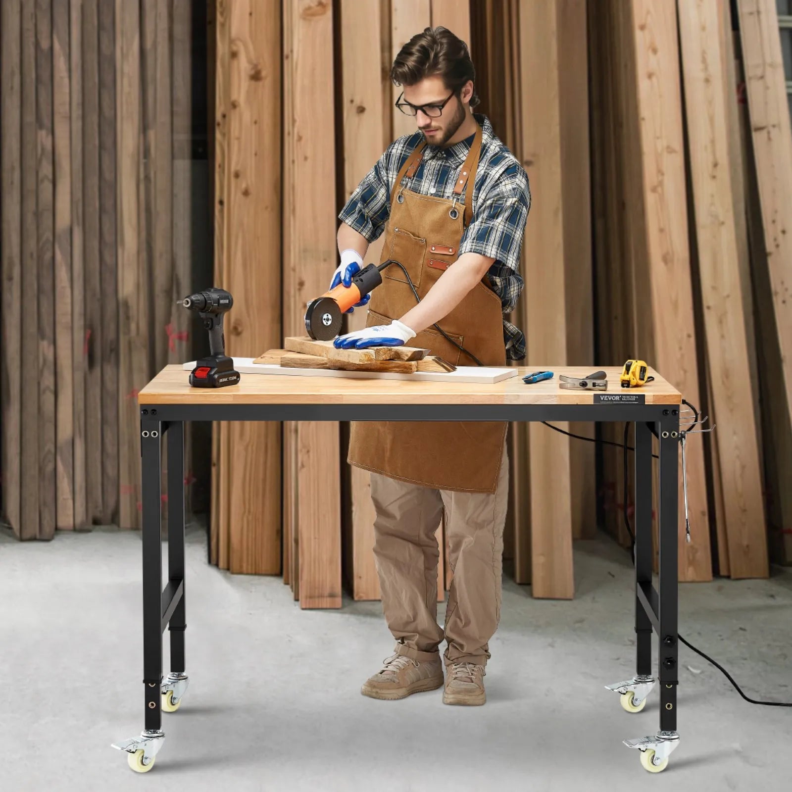 VEVOR 48" Workbench on Wheels Adjustable Height Table with Power Outlet & Pegboard