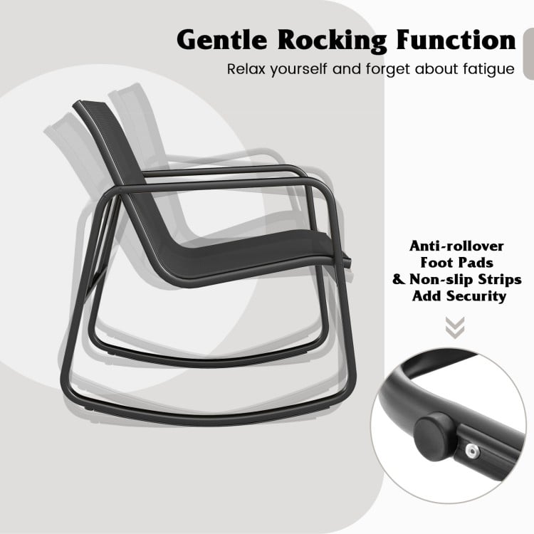 2 Rocking Bistro Chairs and Glass-Top Table for Porch Yard Balcony-Black