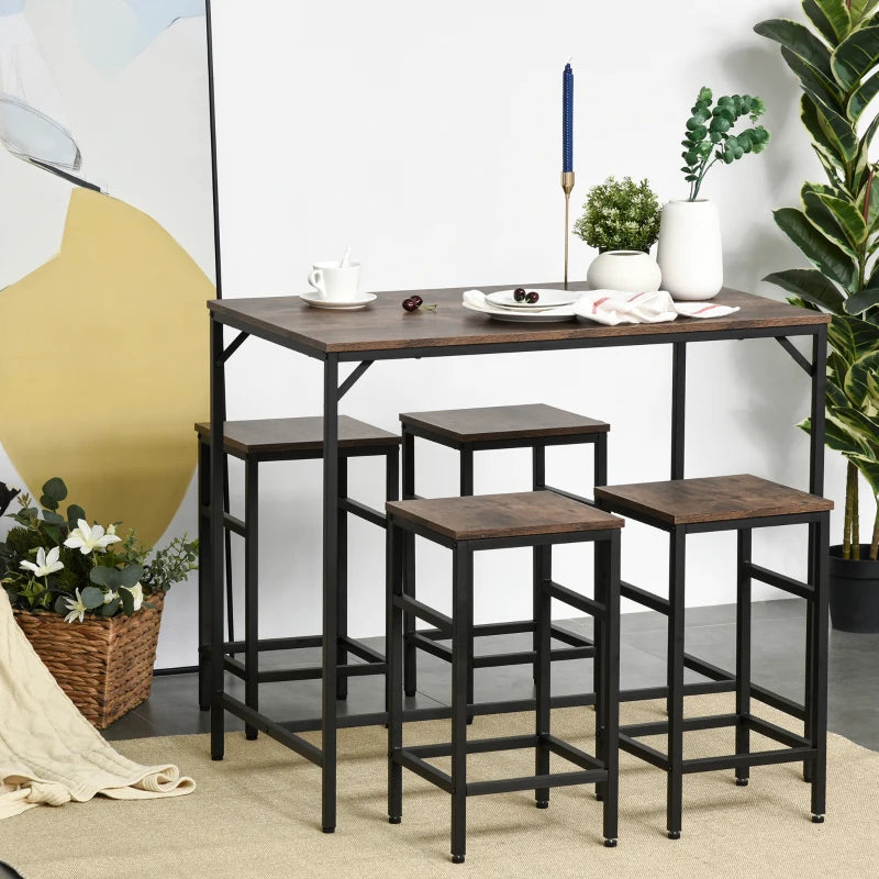 5 Pieces Industrial Rectangular Bar Table Set, Dining Table Set Breakfast Table with 4 Stools for Dining Room, Kitchen, Dinette, Rustic Brown