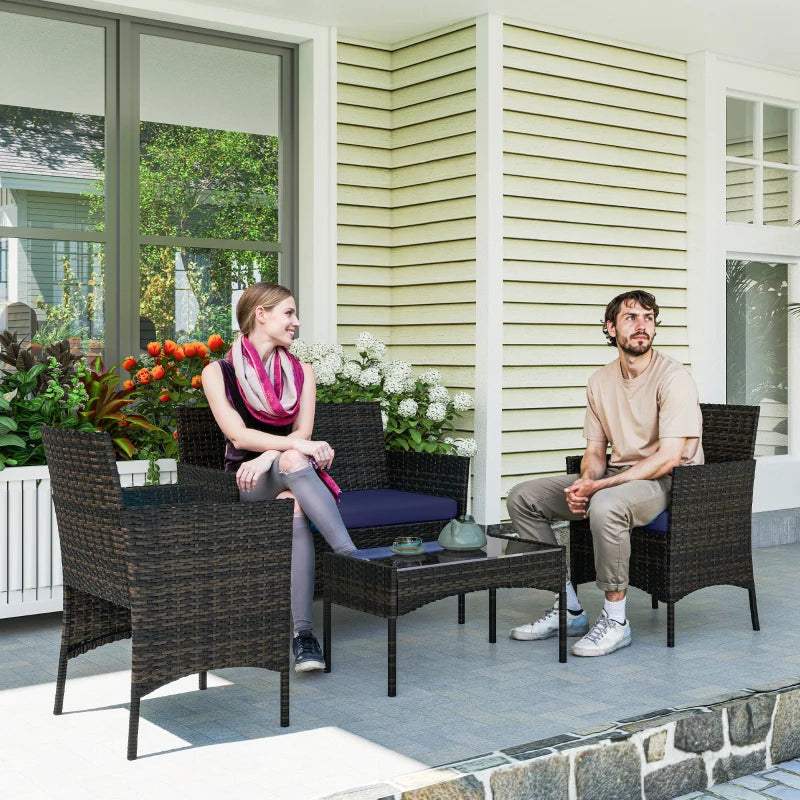 4 Pieces Wicker Outdoor Balcony Furniture Set Rattan Patio Furniture Set with Loveseat Chairs Glass Coffee Table Navy Blue
