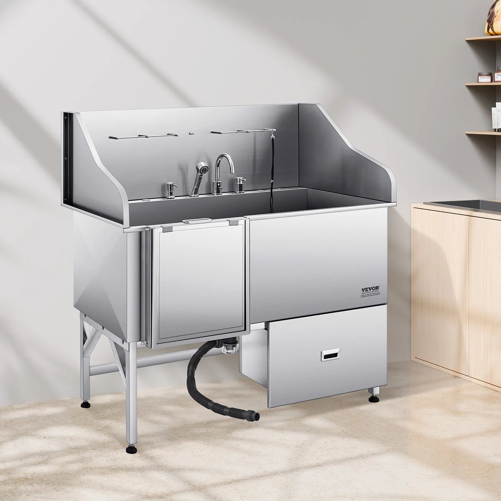 VEVOR 61 Inch Dog Grooming Bath Tub Stainless Steel w Ramp Water Filter Left